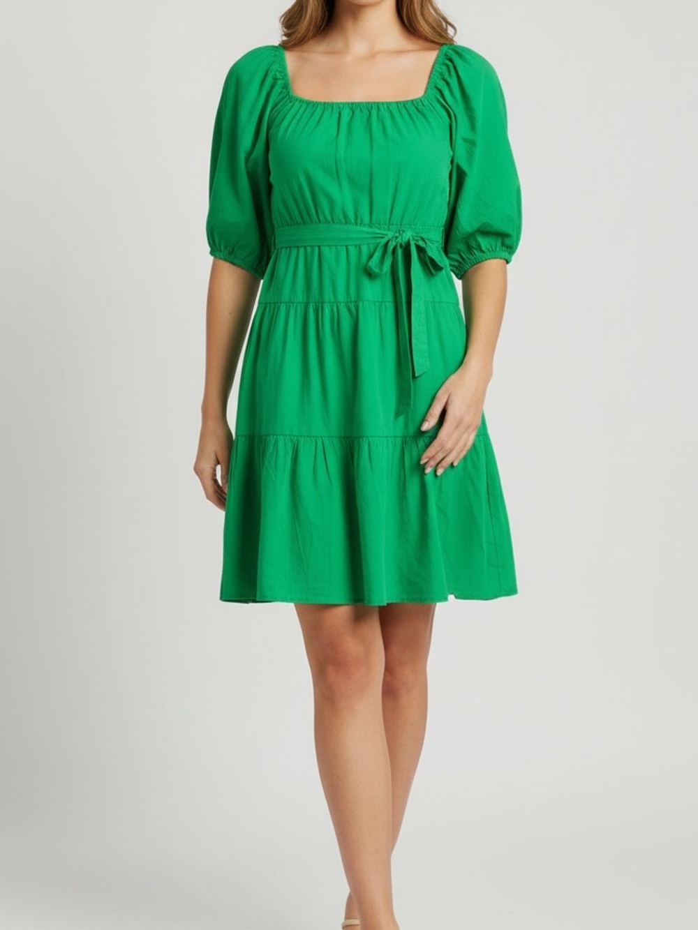 Green Square-Neck Tiered Dress with Self-Tie Waist - Sim & Sam